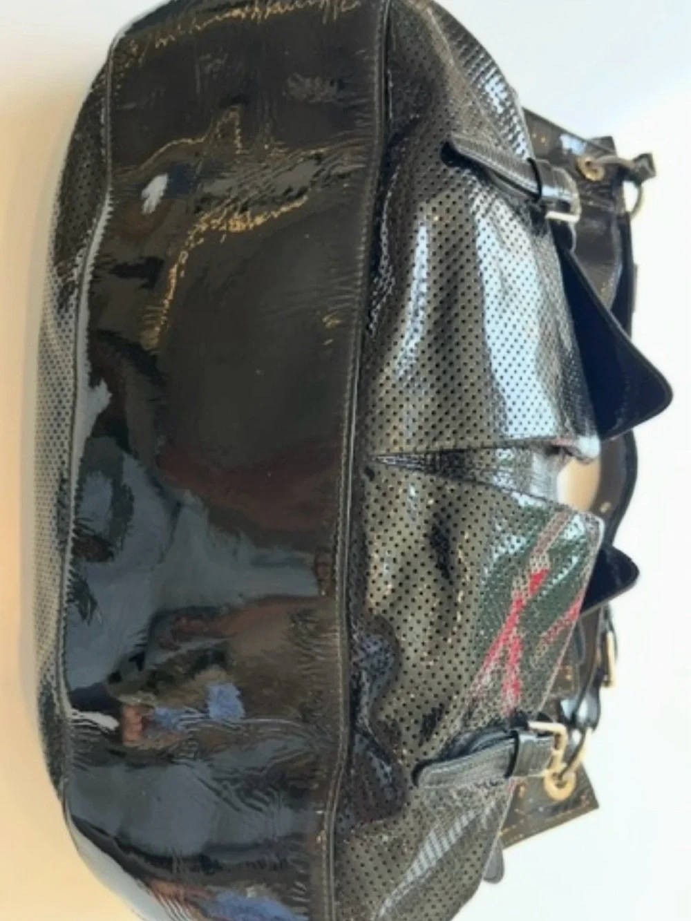 Ralph Lauren Collection Patent Perforated Leather Hobo Bag Black